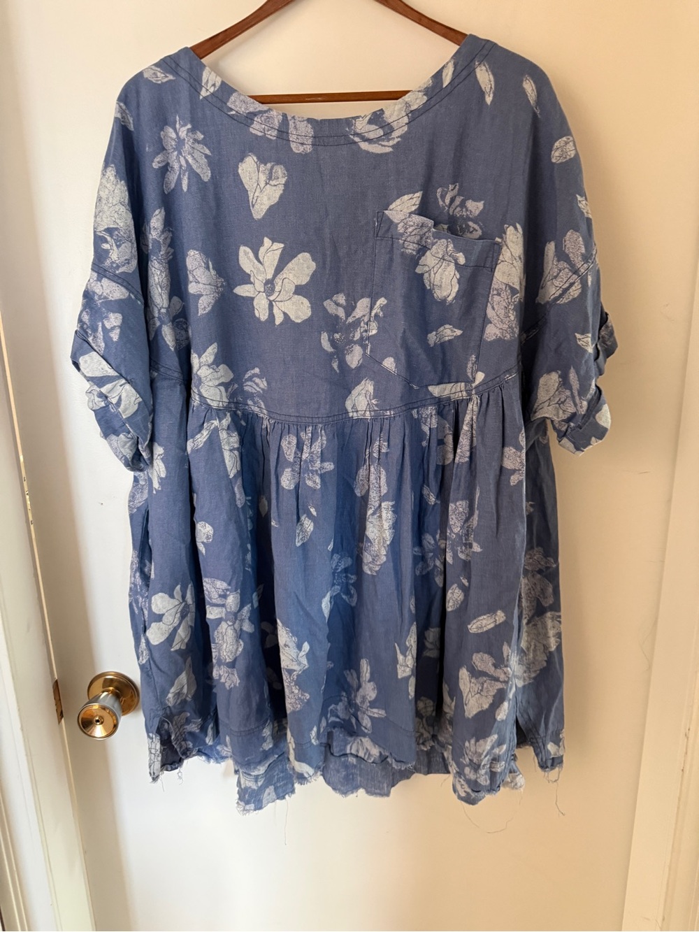 We The Free Floral Babydoll Tunic Dress Large Blue Boho Lagenlook Oversized